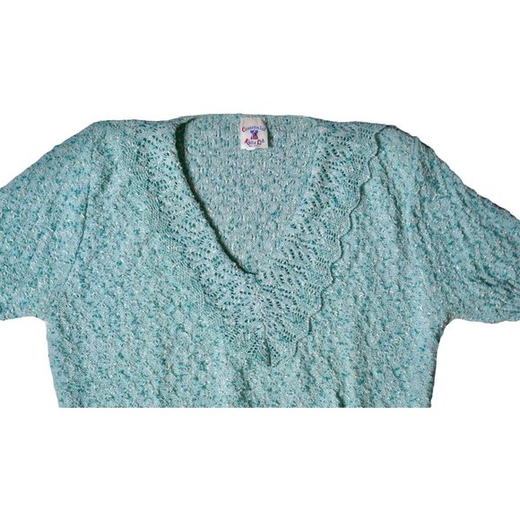 Vintage 1970s Centennial Knits LTD USA Made Blue Smocked V-Neck Short Sleeve Top - Picture 3 of 10